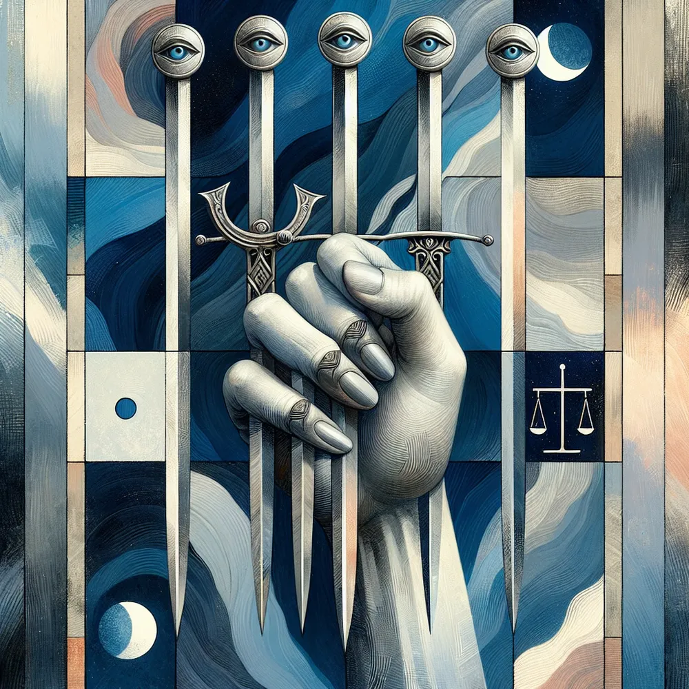Create an image depicting a hand, with its fingers securely wrapped around the hilts of five delicately curving swords. The blades of these weapons point downwards. The backdrop is abstract and is compartmentalized into five separate areas, each showcasing a unique texture. These textures are evocative of the different perceptions within a battle. The color palette leans towards cool shades, predominantly blues and grays, to embody an atmosphere of introspective reflection and calculated judgement. Seamlessly blend in a gleaming moon and a single perfectly balanced scale for subtle references to later cards in the seemingly mysterious reading. Make sure to embellish the handles of the swords with intricate eye-like engravings as symbols of self-awareness and intuition.