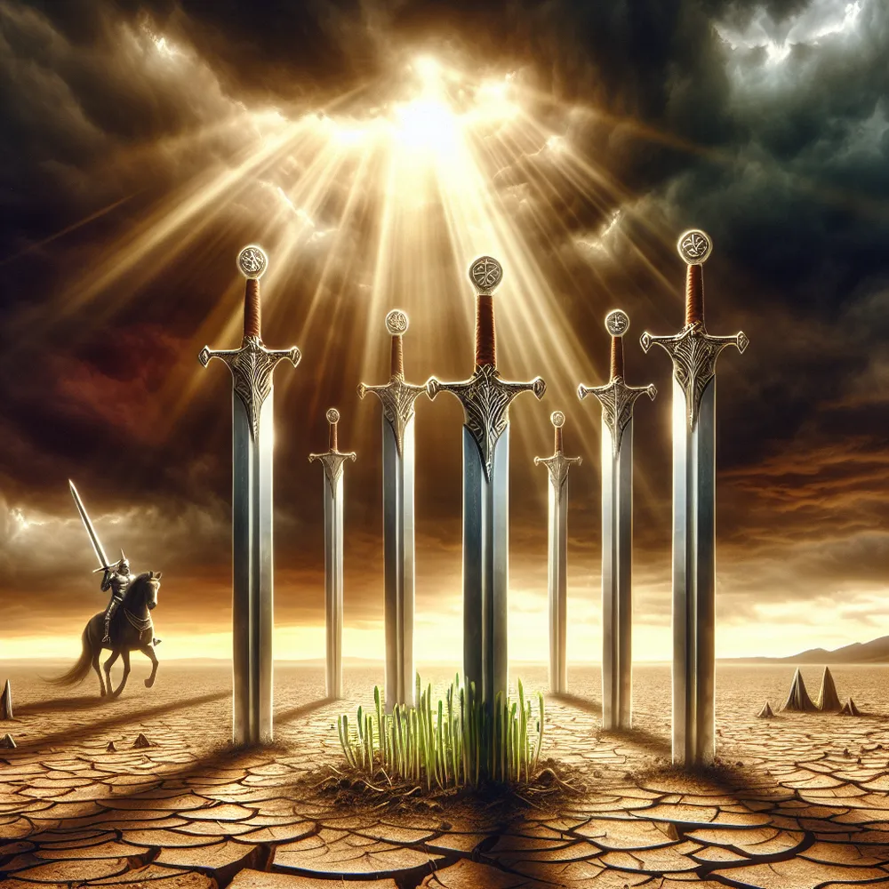 Visualize an expansive battlefield with five glittering swords firmly stuck in the parched ground in the aftermath of a raging conflict. The heavens above are a dramatic blend of ominous storm clouds and radiant rays of light breaking through them, insinuating impending reconciliation and tranquility. Amid the monumental swords, imagine a lone seedling thrusting out from the hardened earth, embodying the symbolic Ace of Pentacles. In the far-off vista, depict a solitary knight of unspecified descent, riding swiftly towards this battlefield under the symbolic canopy of the Knight of Swords.
