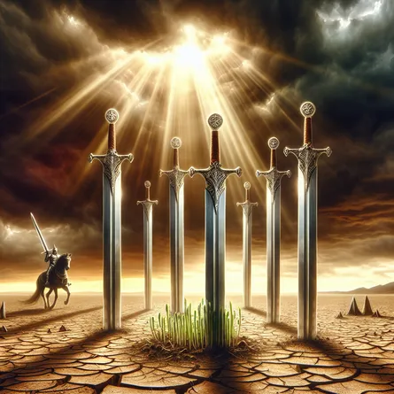 Visualize an expansive battlefield with five glittering swords firmly stuck in the parched ground in the aftermath of a raging conflict. The heavens above are a dramatic blend of ominous storm clouds and radiant rays of light breaking through them, insinuating impending reconciliation and tranquility. Amid the monumental swords, imagine a lone seedling thrusting out from the hardened earth, embodying the symbolic Ace of Pentacles. In the far-off vista, depict a solitary knight of unspecified descent, riding swiftly towards this battlefield under the symbolic canopy of the Knight of Swords.
