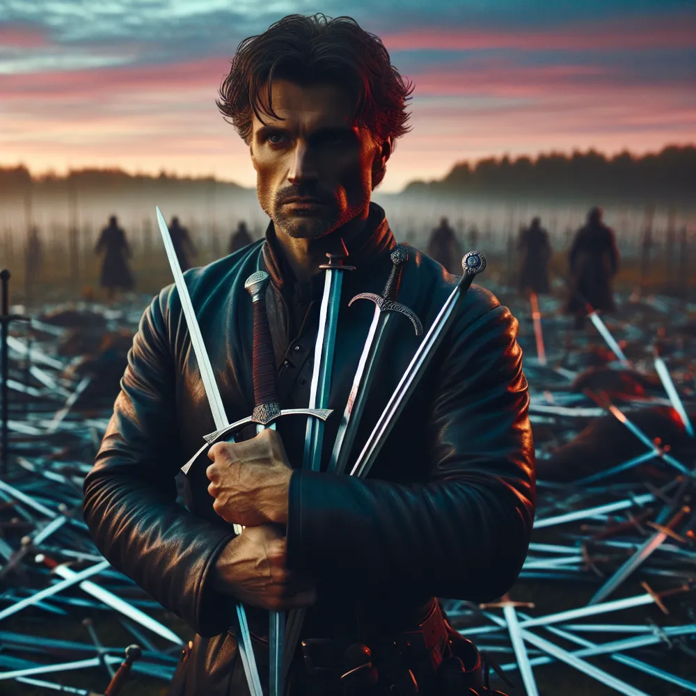 An emotionless, Caucasian male warrior is standing in the middle of a war-ravaged field filled with scattered swords, demonstrating the aftermath of a fierce battle. In the near view, the formidable character clutches onto five swords, displaying determination and resilience. His gaze is set forward, symbolizing unwavering courage amidst adversity. The environment is bursting with vibrant colors of dusk, indicating the fading turmoil and the beginning of tranquility.