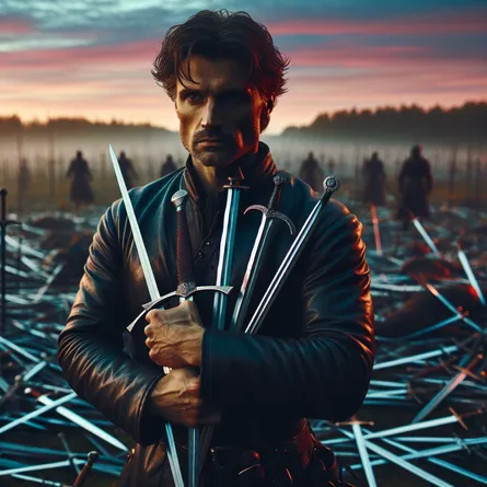 An emotionless, Caucasian male warrior is standing in the middle of a war-ravaged field filled with scattered swords, demonstrating the aftermath of a fierce battle. In the near view, the formidable character clutches onto five swords, displaying determination and resilience. His gaze is set forward, symbolizing unwavering courage amidst adversity. The environment is bursting with vibrant colors of dusk, indicating the fading turmoil and the beginning of tranquility.