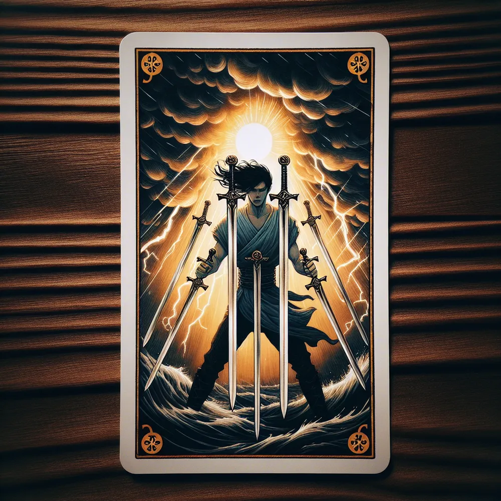 A captivating picture of an archaic fortune-telling card, often recognized as the Five of Swords, with a turbulent weather setting forming the backdrop. The main character, an East Asian male, holds his ground despite the harsh storm, gripping tightly onto five shimmering blades. This image should radiate a sense of stubborn resolve and unwavering determination.