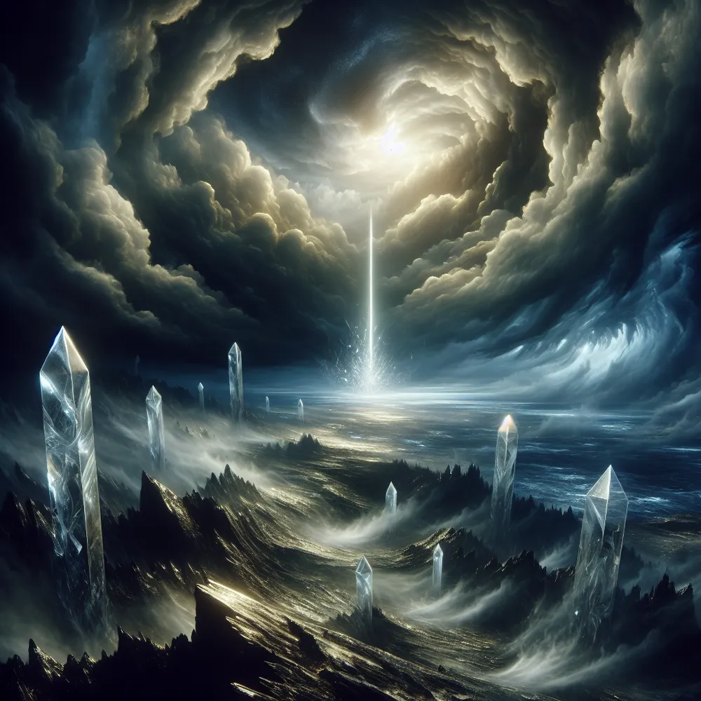 Construct an imagery of a mystical, storm-ridden landscape, where five gleaming, glass-like swords lay scattered haphazardly on the jagged terrain. The threatening clouds above moves in a dangerous swirl, echoing the strife represented within the symbolism of the scene. Yet, in the heart of this tumultuous setting, a solitary beam of knowledge pierces through the tempestuous skies, illuminating one among the swords, hinting at a concealed possibility of metamorphosis amidst the discord.