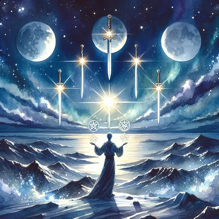 Create a delicate watercolor painting of an ethereal landscape under the beauty of a peaceful, moonlit night sky. Five gleaming swords striking the earth's surface, and stars lighting the way through the restless terrain, signifying the duality of conflict and victory. The celestial bodies act as a beacon of hope and tranquility after enduring tribulations, standing out starkly against the dark expanse of the night. In the foreground, a figure of indeterminate gender and race is seen effortlessly juggling two sparkling pentacles, serving as a symbol of maintaining balance in the face of chaos.