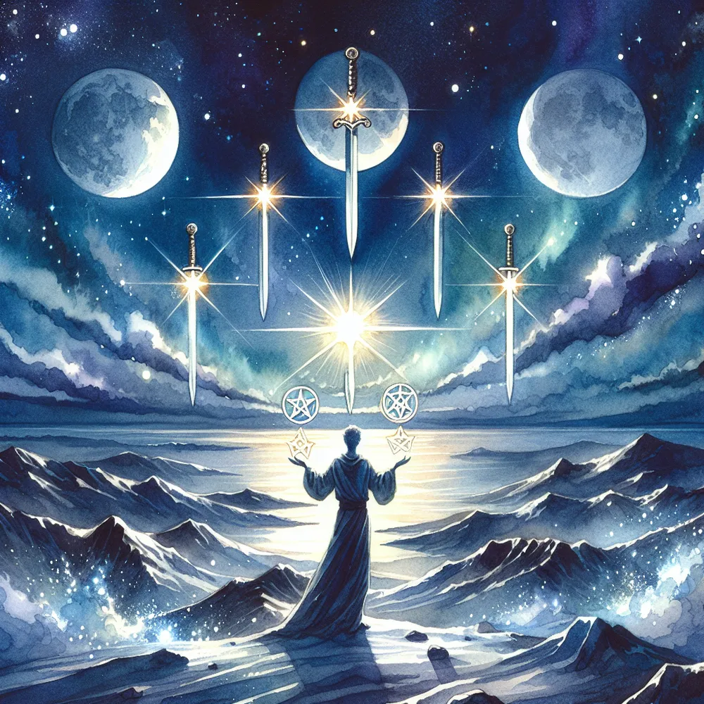 Create a delicate watercolor painting of an ethereal landscape under the beauty of a peaceful, moonlit night sky. Five gleaming swords striking the earth's surface, and stars lighting the way through the restless terrain, signifying the duality of conflict and victory. The celestial bodies act as a beacon of hope and tranquility after enduring tribulations, standing out starkly against the dark expanse of the night. In the foreground, a figure of indeterminate gender and race is seen effortlessly juggling two sparkling pentacles, serving as a symbol of maintaining balance in the face of chaos.