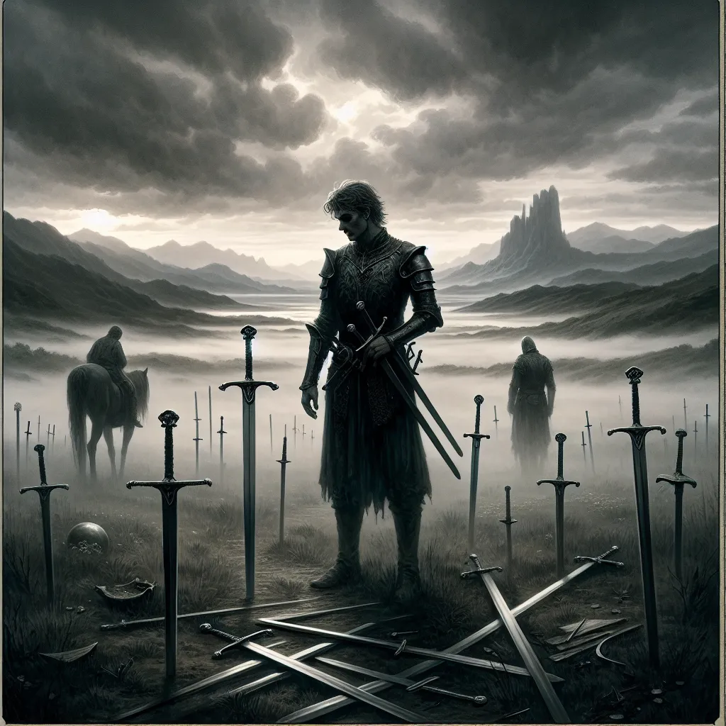 Create a detailed and evocative image of the Five of Swords tarot card. The scene captures the aftermath of a battle on a misty field, featuring a central figure holding three swords, looking contemplative yet victorious. Two other figures in the background walk away, appearing defeated. The sky is overcast, symbolizing conflict and tension. The landscape includes scattered swords on the ground, with a looming, distant mountain range to evoke a sense of isolation and introspection. The mood of the image is reflective and somber, with a focus on the cost of victory.