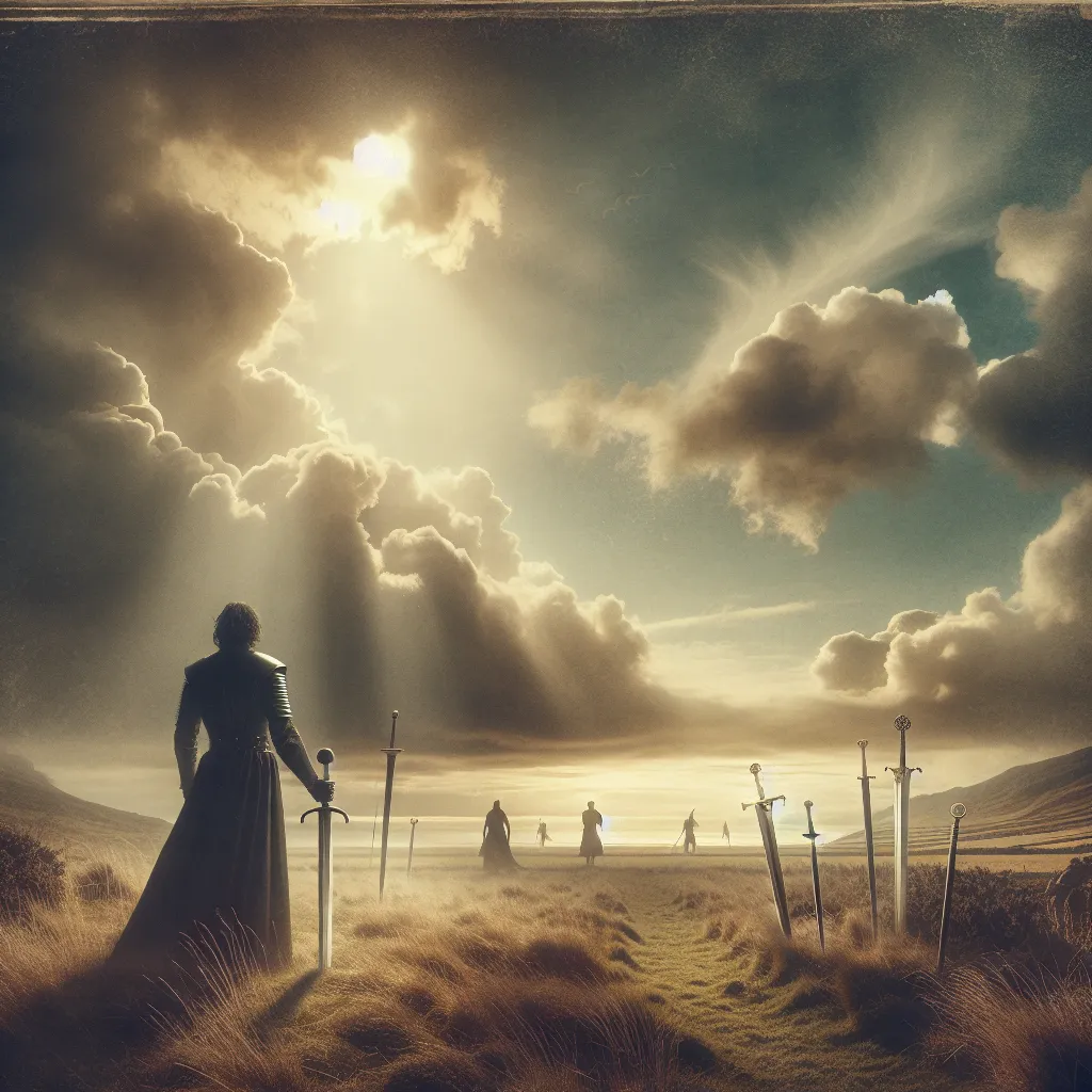 An evocative tarot scene capturing the essence of the Five of Swords: A lone figure stands on a grassy battlefield under a dramatic, cloudy sky. They hold multiple swords in their hand, while other figures walk away in the distance, seeming defeated. The mood is contemplative and tense, reflecting themes of conflict and the hollow victory. The scenery combines elements of classic medieval times with mystical and ethereal touches, with soft sunlight breaking through the clouds to hint at hope and introspection.