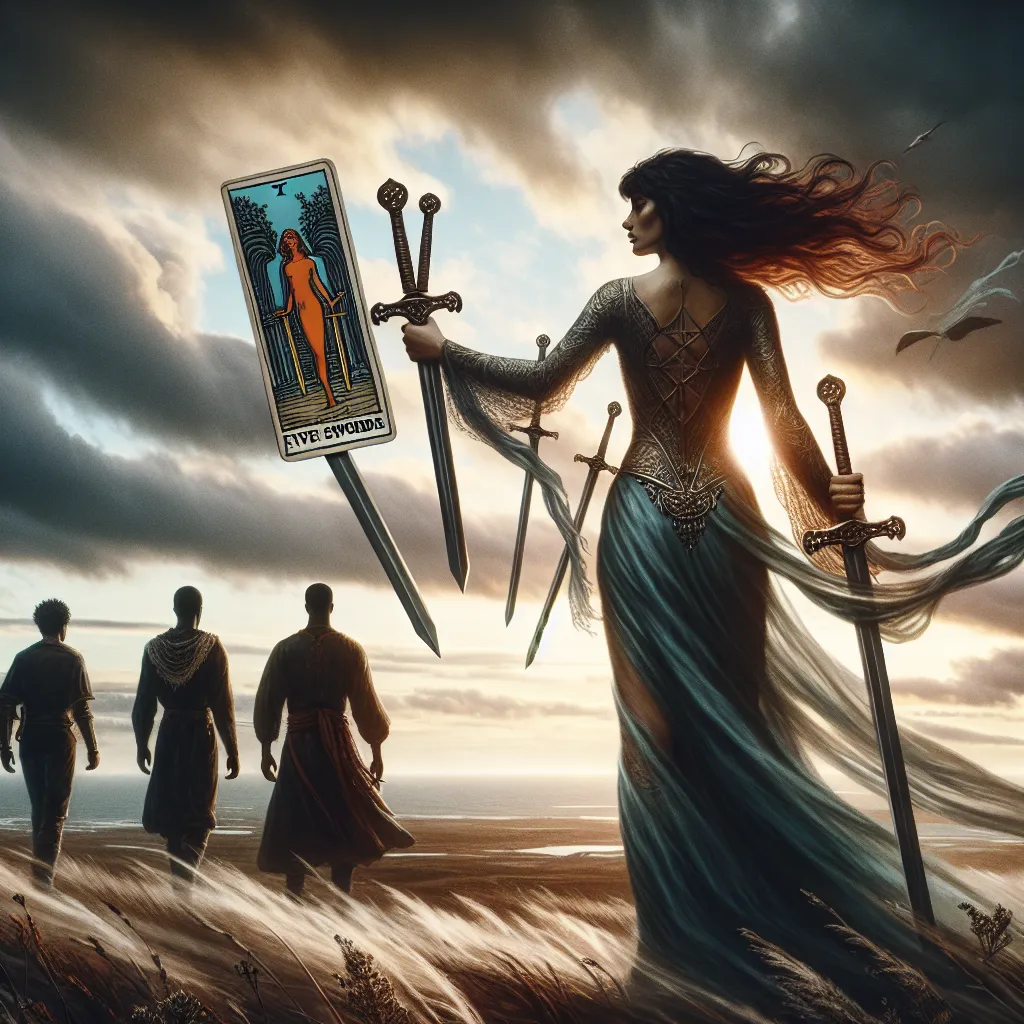 Create an image inspired by the traditional tarot card, Five of Swords. Show a scene where a lone figure stands victorious holding three swords while two other figures, one Black male and one Hispanic female, walk away toward the horizon in the background. The setting is a windswept battlefield under a dramatic cloudy sky. The victorious figure, a Middle-Eastern woman, exhibits a mixture of triumph and reflection, symbolizing both victory and the contemplation of its cost. The color palette should be moody and evocative, capturing the tension and introspective nature of the card.