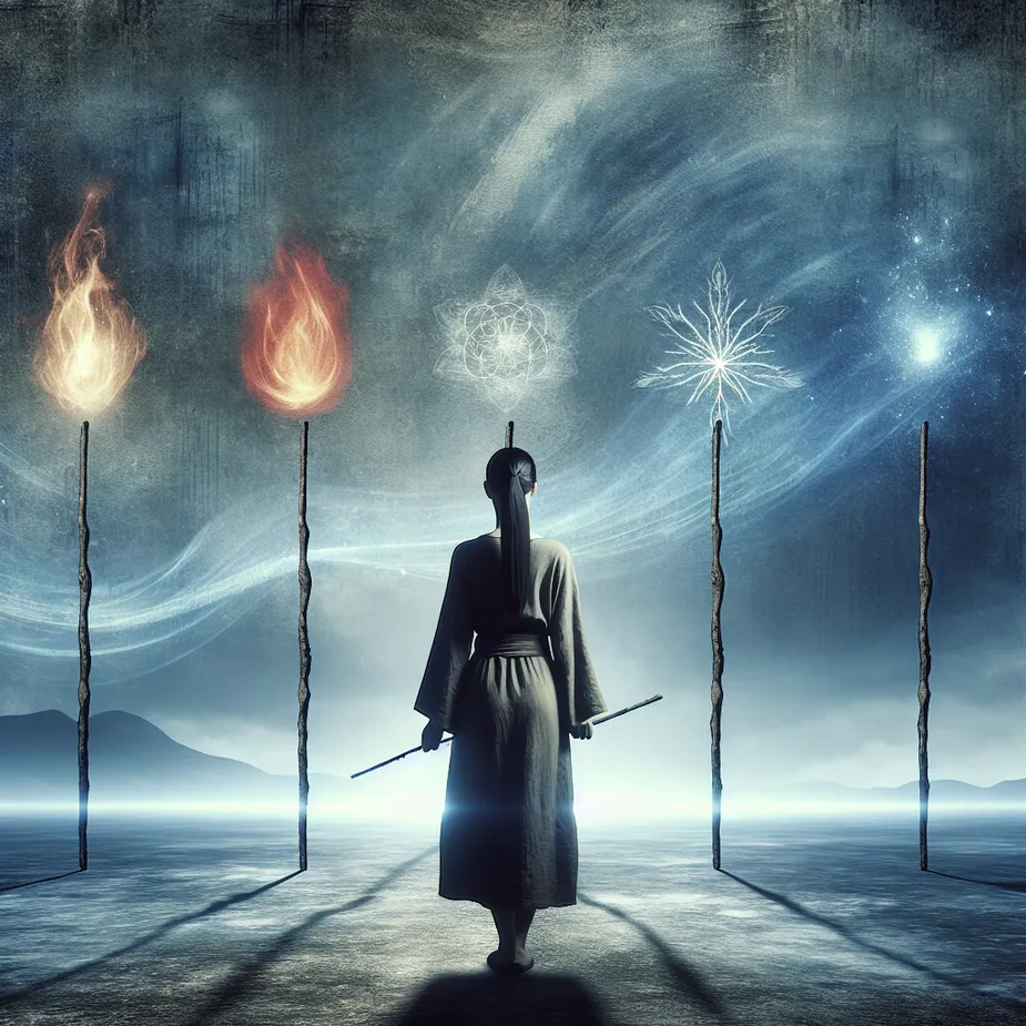 Imagine a tranquil backdrop with five distinct wands splayed about. Every wand symbolizes a unique element: fire, water, earth, air, and spirit. At the center of the atmosphere, an East Asian woman exudes a sense of calm, tranquility, standing poised and silently observing the wands. The atmosphere of the surroundings is charged with a hint of conflict, yet it also emanates feelings of quiet resilience and stoicism.