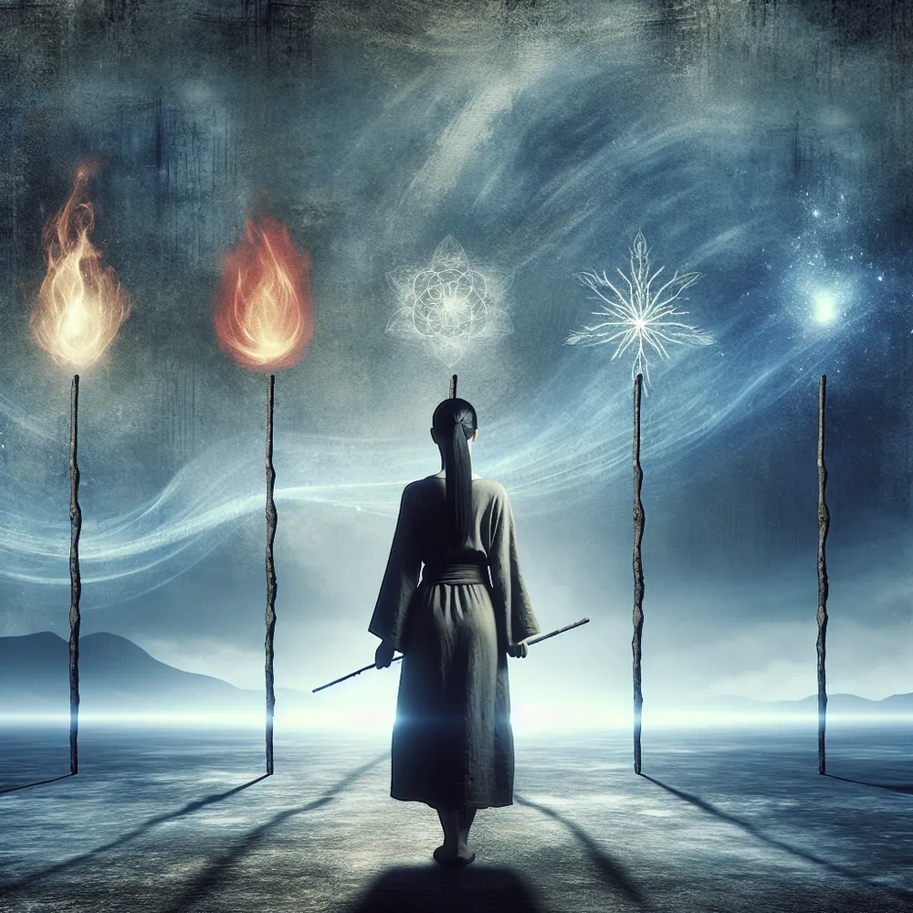 Imagine a tranquil backdrop with five distinct wands splayed about. Every wand symbolizes a unique element: fire, water, earth, air, and spirit. At the center of the atmosphere, an East Asian woman exudes a sense of calm, tranquility, standing poised and silently observing the wands. The atmosphere of the surroundings is charged with a hint of conflict, yet it also emanates feelings of quiet resilience and stoicism.