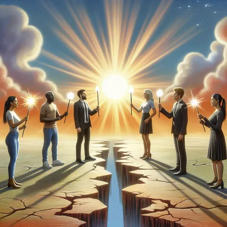 Five individuals from different descents including Caucasian, Hispanic, Black, Middle-Eastern, and South Asian are engaged in a non-hostile debate under a vast open sky. Each of them is holding a wand that's aglow with radiant energy, a symbol of the power of their unique ideas. They stand upon a ground that is fissured and ruptured, an allegory for the discord and tension. In the scenic background, a sun is ascending into the vibrant morning sky, a metaphor for the prevailing hope and the imminent growth and understanding through this conflict.