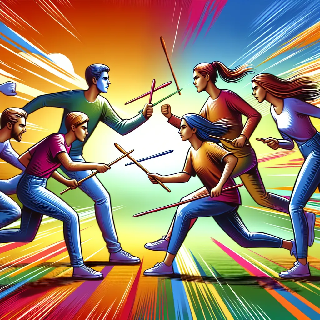 Create a dynamic and colorful illustration featuring five individuals engaged in a lively, yet light-hearted competition with wands. Each person has a distinct personality and expressive posture, symbolizing diverse viewpoints and lively debate. The background is a vibrant outdoor setting suggesting movement and energy, capturing the essence of friendly conflict and spirited rivalry. The scene conveys a sense of playful chaos and the opportunity for growth through engagement.