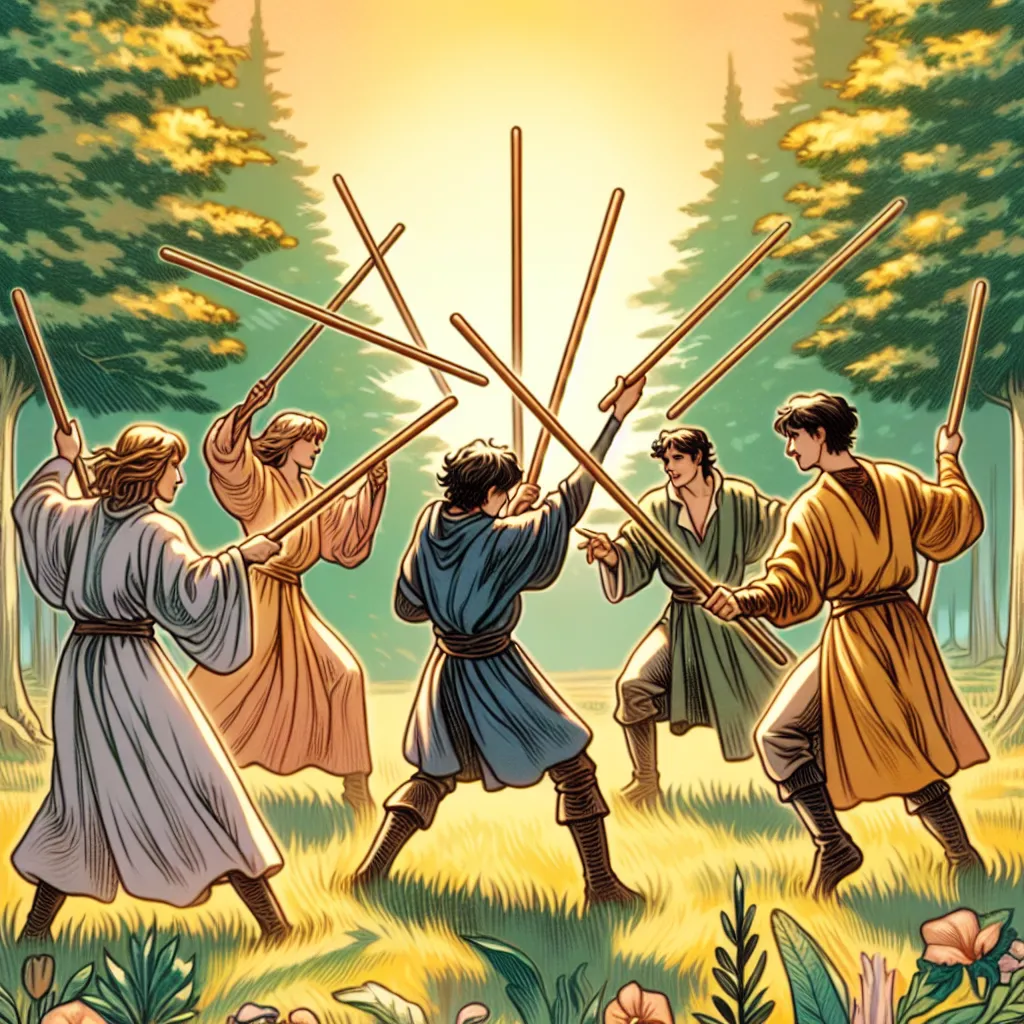 Create an image of a dynamic scene illustrating five individuals in a wooded area, each holding a wooden wand. They appear to be in a light-hearted and spirited conflict, symbolizing competition. The atmosphere is vibrant with a sense of movement and energy, capturing the essence of friendly rivalry and teamwork. Use a warm, natural color palette with elements of nature such as trees and grass in the background, and ensure each figure is clothed in medieval-inspired outfits to align with classic tarot imagery.