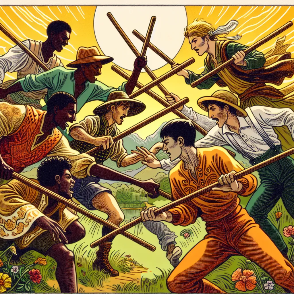 Create an artistic depiction of the Five of Wands tarot card. Show a group of five diverse individuals, each representing a different descent such as Black, Hispanic, Middle-Eastern, South Asian, and Caucasian, engaged in a spirited competition, each wielding a wooden wand in a dynamic and chaotic scene. The background should be a lush, green outdoor setting, symbolizing vitality and growth. Capture the sense of struggle and conflict, yet maintain a tone of playfulness and camaraderie. The color palette should be warm and vibrant, evoking a sense of energetic chaos and passionate engagement. This visual interpretation aims to encapsulate the themes of competition and dynamic interaction.