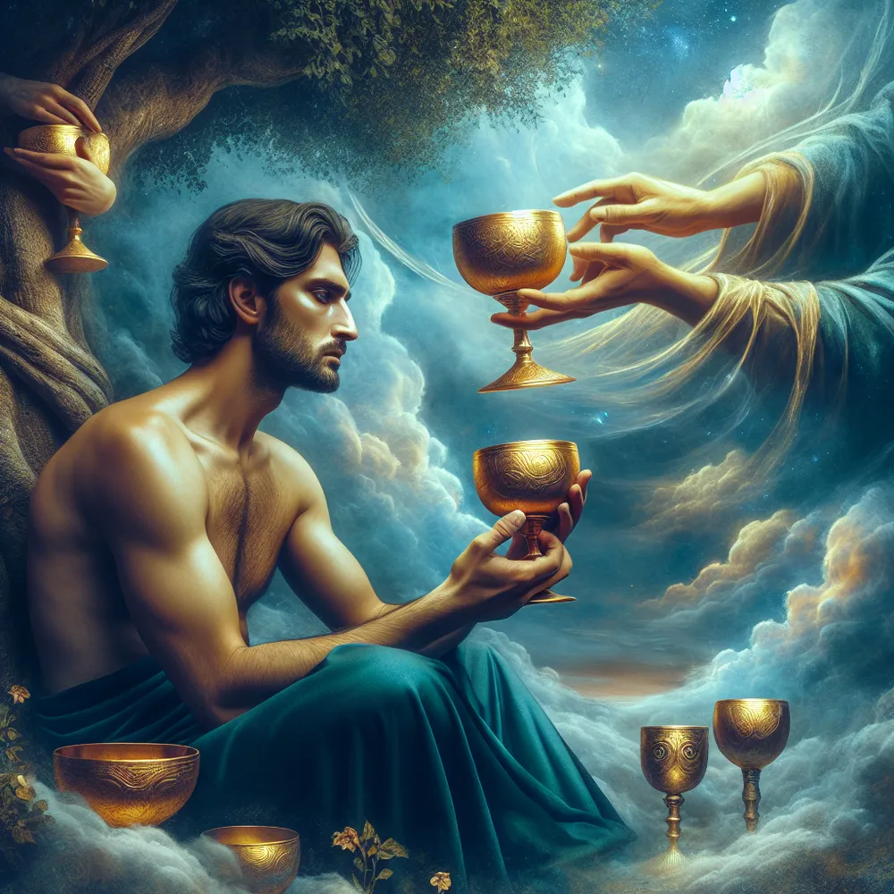 Create an image of a serene Middle-Eastern man deep in introspection, sitting beneath a verdant tree, cradling a chalice in his hands. Around him, three additional golden chalices appear to levitate in the air. Off in the distance, depicted is an ethereal hand emerging from the clouds, offering forth another gleaming gold cup towards the preoccupied individual. Surrounding the scene is a mystical bluish glow, further emphasizing the otherworldly aspect of the encounter. His expression should reflect a contemplative state, teetering on the edge of disillusionment, with the overall mood of the scene evoking a sense of ethereal thoughtfulness.