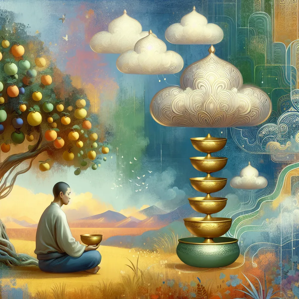 Imagine a serene landscape with an individual of Asian descent, sitting under a tree abundant with fruits. This person is deep in thought, their attention fixed on a stack of four intricate golden cups, a symbol of their emotional affluence. Unbeknownst to them, a mystical cloud taking the form of a hand extends towards them from the sky, offering a fifth shining golden chalice. The color scheme of this serene setting is a gentle blend of blues, greens, and golds, with inclusions of brighter colors for contrast. Overall, the setting should relay a sense of introspection and passive contemplation.