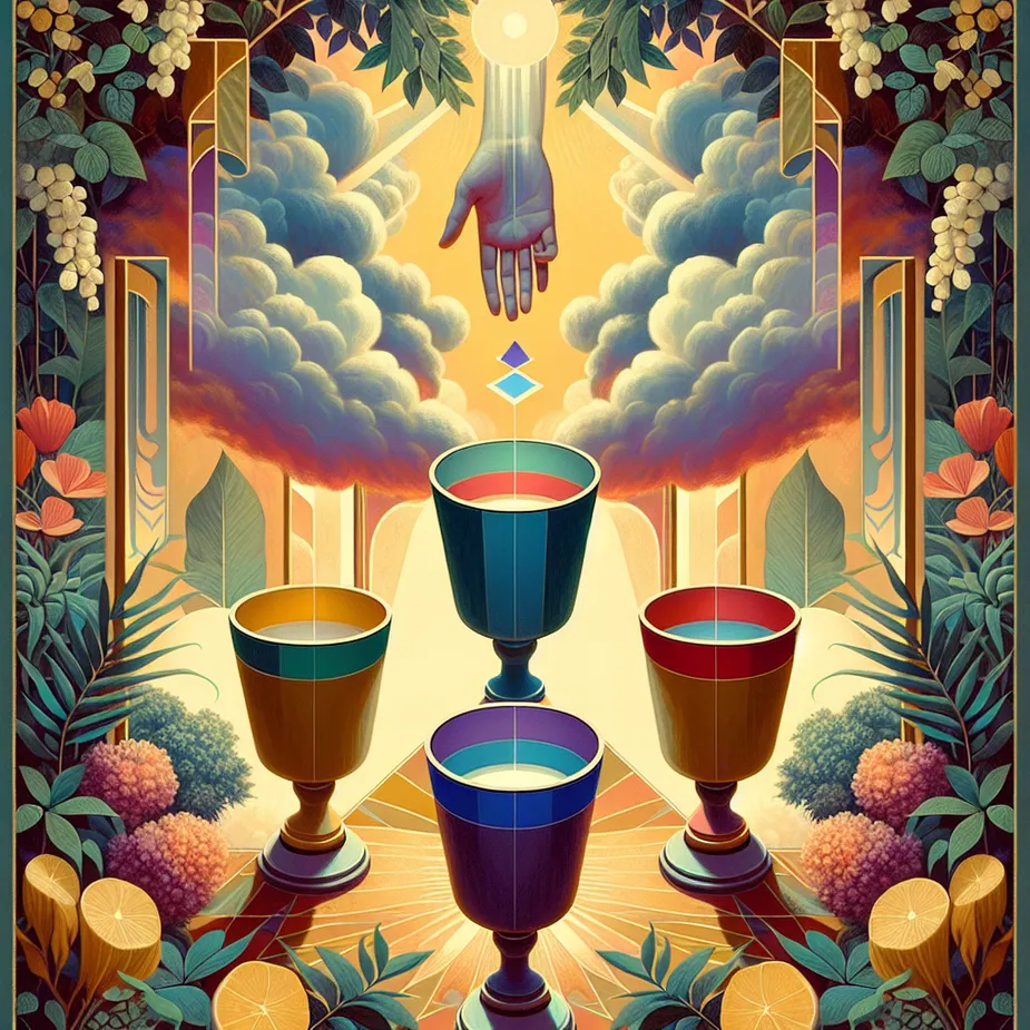 Generate an abstract interpretation of the Four of Cups tarot card, centered around a still life that personifies introspection and balance. Four cups should be the central motif, placed within a lush, tranquil garden backdrop. A hand from the clouds should be reaching out towards one of the cups, symbolizing divine intervention. The color palette should be warm and thoughtful, illuminating the solitude that is needed for emotional introspection.