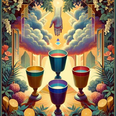 Generate an abstract interpretation of the Four of Cups tarot card, centered around a still life that personifies introspection and balance. Four cups should be the central motif, placed within a lush, tranquil garden backdrop. A hand from the clouds should be reaching out towards one of the cups, symbolizing divine intervention. The color palette should be warm and thoughtful, illuminating the solitude that is needed for emotional introspection.
