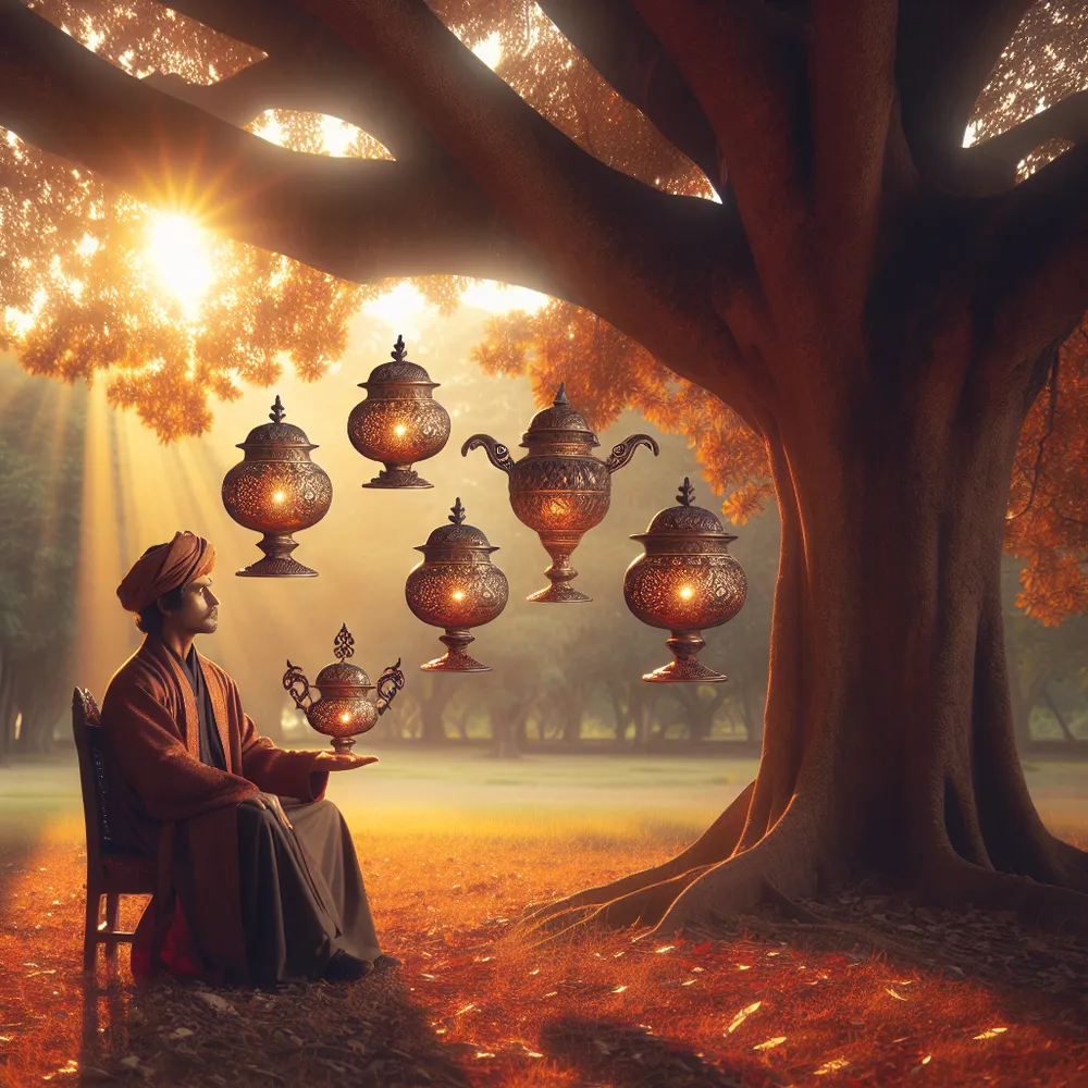 A South Asian, male scholar dressed in traditional garb, sitting under a large leafy tree on a calm afternoon, thoughtfully contemplating four ornate, glowing cups mysteriously floating in the air around him. The tree stands tall in a tranquil garden, adorned with the rich hues of fall: auburn, gold, and rust. Warm beams of the setting sun accentuate the serene atmosphere, casting serene shadows across the scene.
