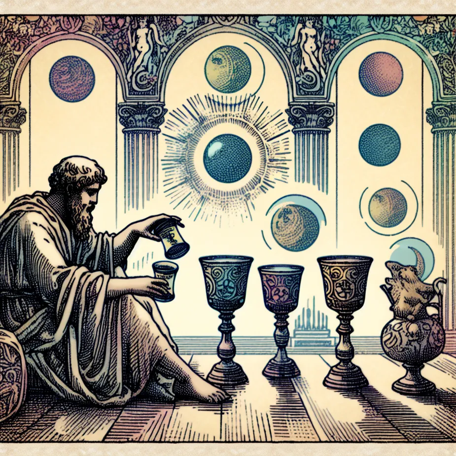 Generate an image of an intricate sketch of the Four of Cups scene from a tarot deck. Include a stoic philosopher who is contemplating a fourth cup that he is being offered while three cups sit filled and ignored. The setting should be calm yet alive, subtly showcasing the theme of hidden opportunities and unnoticed dissatisfaction. Use a color palette that finds equilibrium between cool and warm tones, symbolizing the paradoxical nature of dissatisfaction and the potential for finding satisfaction. Integrate elements of classical philosophy and ancient symbols into the background as a delicate signifier of the stoic undertone of the scene.