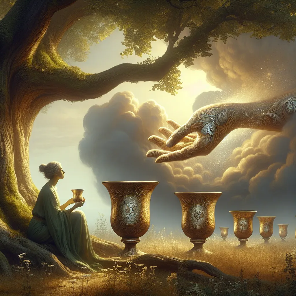Create an image of a contemplative figure sitting under a lush, old tree. They are gazing intently at three ornate cups placed in front of them. In the background, a mysterious hand extends from a cloud, offering a fourth, shimmering cup. The setting is serene, with soft sunlight filtering through the leaves, casting dappled shadows on the ground. The overall color scheme is a blend of muted greens, browns, and golds, conveying a sense of introspection and tranquility.