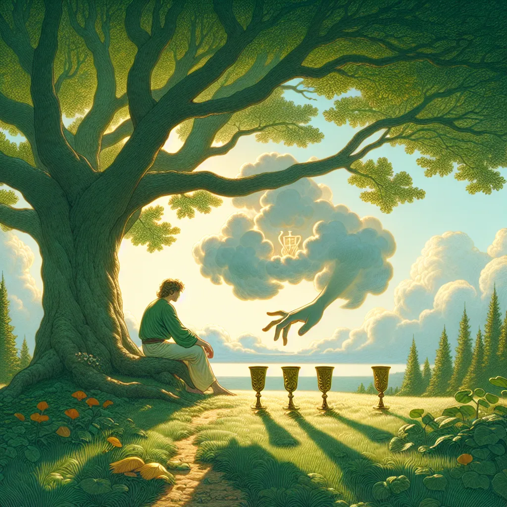 Create an image depicting the Four of Cups tarot card: A solitary figure sits under a tree, gazing thoughtfully at three cups on the ground, unaware of a fourth cup being offered by a mysterious, disembodied hand from a cloud. The scene is tranquil but contemplative, set in a lush, green landscape with gentle sunlight filtering through the branches. The mood should convey introspection and potential missed opportunities. The style should be inspired by classical tarot card illustrations with rich color and intricate detail.