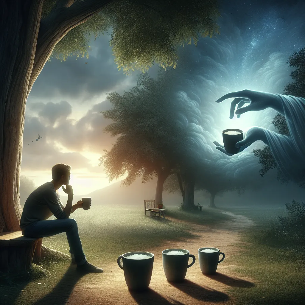 Create an image of a serene outdoor setting featuring a person sitting contemplatively under a tree. The individual appears deep in thought, gazing away from three filled cups set before them on the ground. In the background, a mystical hand emerges from the sky, holding a fourth cup, symbolizing overlooked opportunities. The atmosphere is peaceful, with subtle light filtering through the leaves, casting gentle shadows, evoking a sense of introspection and potential discovery.