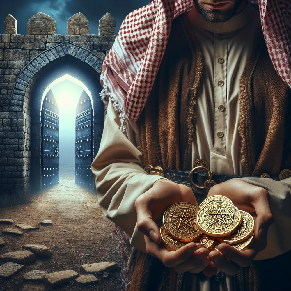 Create an image of a Middle Eastern male, dressed in medieval attire, securely holding four golden pentacle coins. Two of the coins are held firmly in his hands, while the other two are safely positioned beneath his feet. In the distant background, an ancient castle door exudes a mysterious luminosity, suggesting unexplored possibilities.