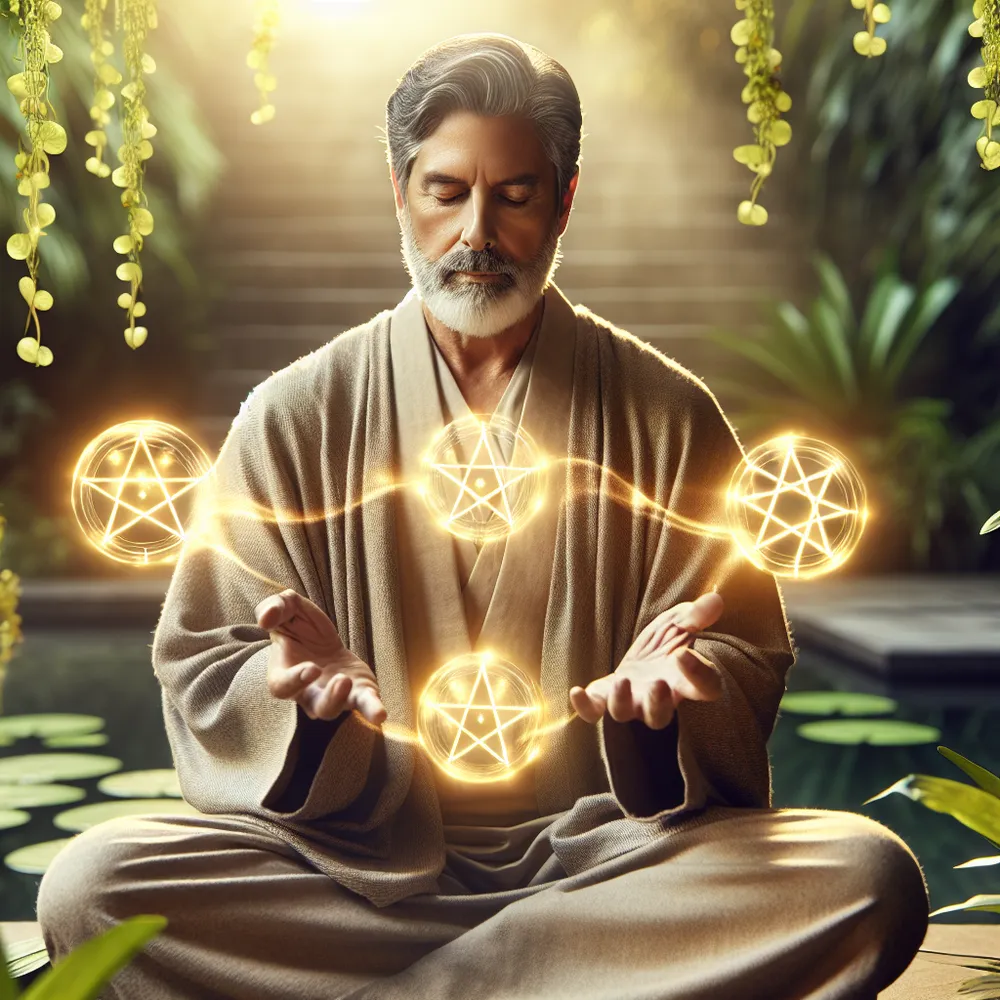 Create an image of a serene, wise Hispanic man sitting in a tranquil garden, engaged in meditation. He is delicately touching four floating golden pentacles that encircle him. The ambiance is calm, exuding an aura of contentment. His face glows with peacefulness, reflecting an understanding of the true essence of wealth and possessions.