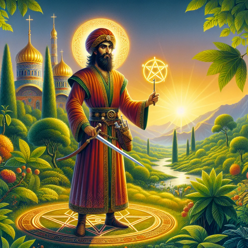 An image representation of a South Asian merchant standing amidst a lush, vibrant nature. He is seen in a traditional merchant attire with four pentacles diligently arranged near his feet. A shiny sword is held firmly in his hands while a blazing wand serves as a beacon illuminating the surrounding area. The setting sun in the background is casting a warm, golden glow across a landscape stylized in Byzantine architecture.