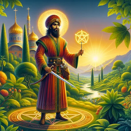 An image representation of a South Asian merchant standing amidst a lush, vibrant nature. He is seen in a traditional merchant attire with four pentacles diligently arranged near his feet. A shiny sword is held firmly in his hands while a blazing wand serves as a beacon illuminating the surrounding area. The setting sun in the background is casting a warm, golden glow across a landscape stylized in Byzantine architecture.