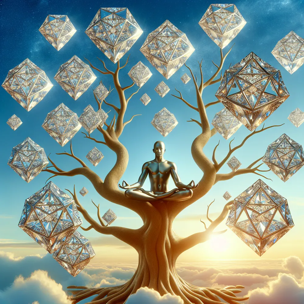 Visualize a solid, stable tree with branches artistically sculpted as diamond-studded pentacles beneath a bright, sunny sky. A meditating South Asian male figure is gracefully perched among these branches, embodying the essence of wisdom, stability, and an assiduously balanced accumulation of wealth, reminiscent of the Four of Pentacles tarot card. His calm demeanor contrasts impressively with the shining, hard diamond elements, emphasizing the harmony of spiritual richness amidst material opulence.