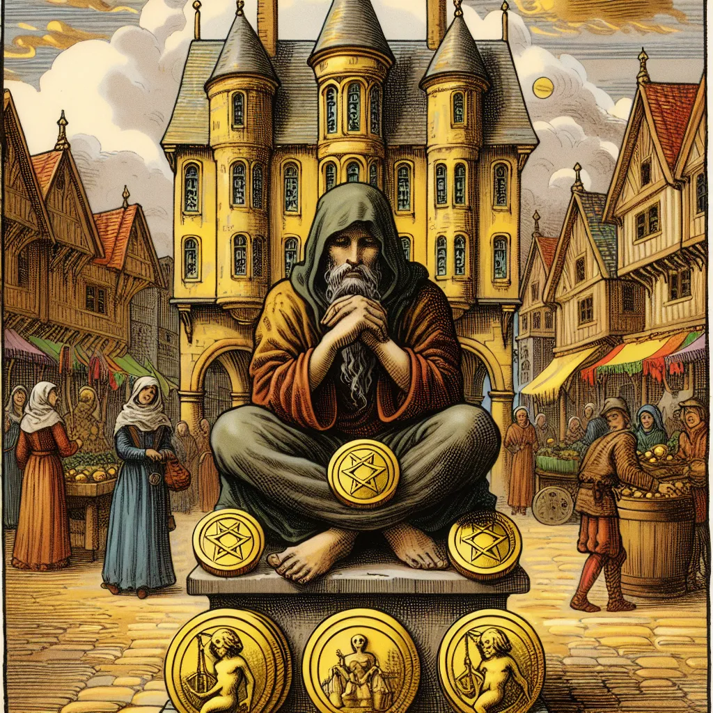 Create an image of a classic tarot card setting featuring the **Four of Pentacles**. Illustrate a figure seated on a stone bench in a bustling medieval town square, clutching four golden coins—one under each foot, one in their hands, and one balancing on their head. Surround the figure with scenes of prosperity yet illustrate their expression as cautious and reserved, symbolizing their attachment to material wealth. The background should feature richly detailed medieval architecture and townsfolk engaged in lively trade, contrasted with the solitude of the central figure.