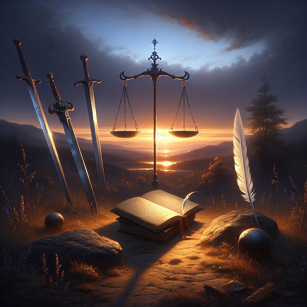 Depict a serene landscape at dusk. Four swords, their edges glowing subtly in the waning light, lay gently on the rustic ground, signifying tranquillity and respite. Up close, a book, its covers closed, rests on the earth, embodying introspection and wisdom. A feather quill, beautiful and intricate, lies beside it. Far off in the vista, a balance scale dangles gracefully from the outstretched limb of an undisturbed tree. On the scale, two pentacles remain in equilibrium, their delicate dance matched to the rhythm of a mild breeze.