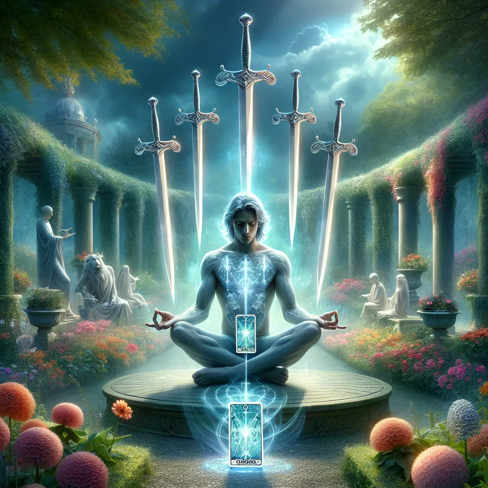 A tranquil scene showcasing an unidentified figure, with an aura of calm and strength, engaged in a peaceful meditation in a serene garden. The figure holds the Four of Swords tarot card, a poignant symbol of introspection and healing. Surrounding the figure are four ethereal swords, spiritually tethered and pointing downwards, adding a mystical element to the scene. Their downward direction signifies peace, introspection and self-discovery. The backdrop of the composition advantageously features a beautifully manicured garden rich in hues of green, complemented with bursts of colorful flowers, instilling a deeper sense of tranquility and calm into the spectacle.