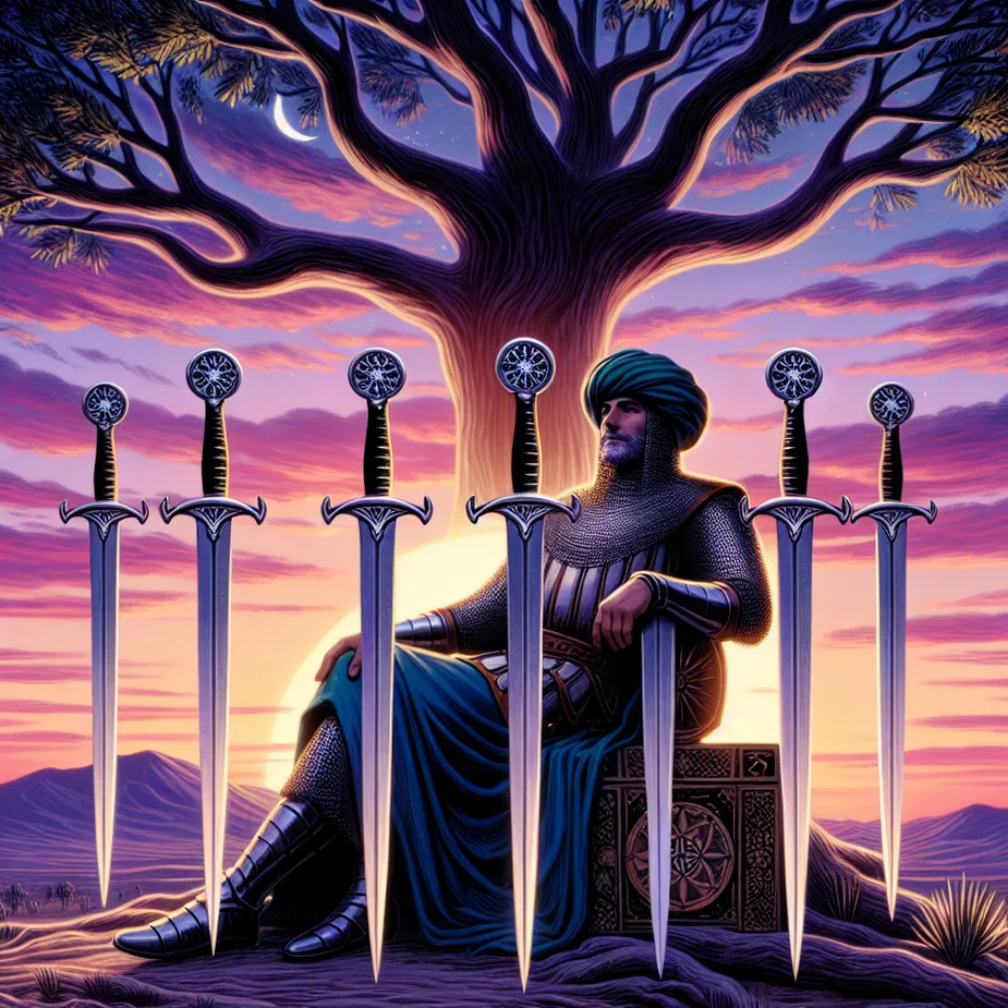 Envision a serene scene characterized by a content Middle-Eastern medieval knight, clad in typical armor, lounging placidly beneath a vast tree atop a hill. Surrounding him are four swords arranged meticulously, each projecting a sense of peace and tranquility. In the background, the twilight sky - a blend of mesmerizing purples and pinks - starts to fade, signaling the end of the day. The overall ambiance signifies rest and withdrawal, aligning well with the theme of the Tarot card 'Four of Swords'.