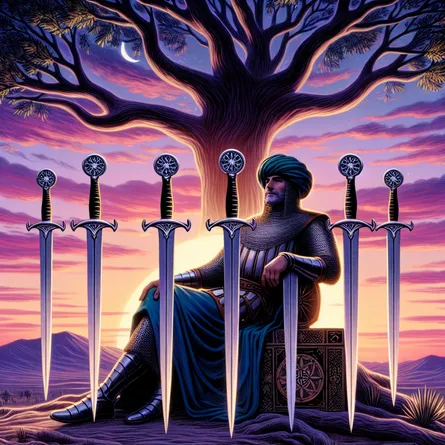 Envision a serene scene characterized by a content Middle-Eastern medieval knight, clad in typical armor, lounging placidly beneath a vast tree atop a hill. Surrounding him are four swords arranged meticulously, each projecting a sense of peace and tranquility. In the background, the twilight sky - a blend of mesmerizing purples and pinks - starts to fade, signaling the end of the day. The overall ambiance signifies rest and withdrawal, aligning well with the theme of the Tarot card 'Four of Swords'.