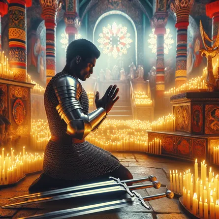 Create an image of a stunningly serene medieval knight of Black descent, kneeling in devotion before a shrine inside a vibrant temple, bathed in the soft illumination of countless candles. This African knight respectfully places four gleaming, silver swords on the stone ground beside him, embodying a profound display of rest, contemplation, and tranquillity, signifying his journey towards achieving inner harmony and peace.