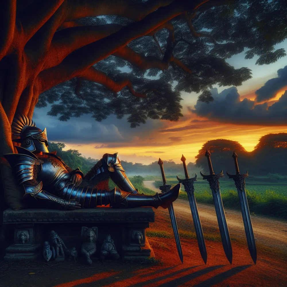 Envision a tranquil South Asian male knight in medieval armor, peacefully reclining and taking a rest on a stone bench under the comforting shade of a large tree. Close by, four antique swords are carefully lined up, casting long, soothing shadows that mirror the tranquility of the scene. The background is idyllic, with a twilight sky displaying a graceful transition from warm hues of intense orange and fiery red, gradually fading into cool shades of deep blues as the day gives way to night.
