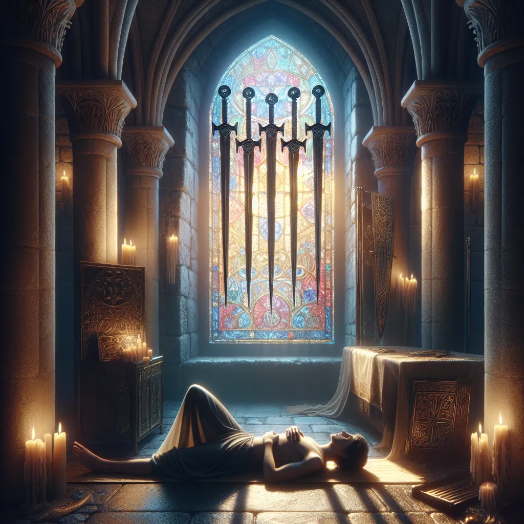 Create an image of the Four of Swords tarot card. Illustrate a serene, contemplative scene within a dimly lit cathedral or a medieval stone chamber. A figure lies peacefully on a stone slab, hands resting on their chest as if in a meditative slumber. Above them, showcase four elegant swords hanging horizontally. The ambience should evoke a sense of tranquility, rest, and quiet introspection. Soft light filters through a stained glass window, casting gentle, multicolored reflections into the room. Include elements like flickering candles and ornate stone carvings to add depth and context.