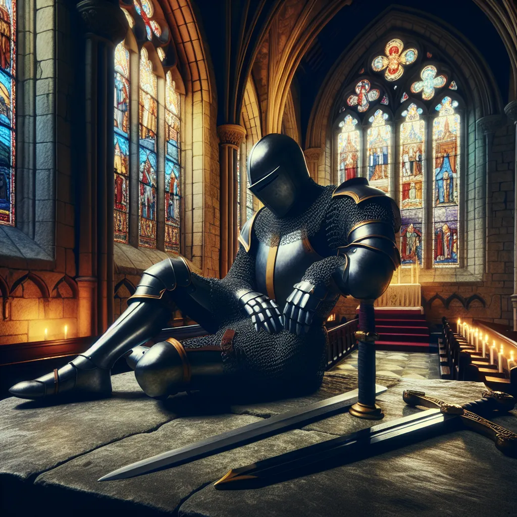 Create an image of the Four of Swords tarot card. Depict a serene, medieval knight in full armor resting on a stone slab within a church, composed in a peaceful, contemplative pose. Stained glass windows cast colorful, tranquil light and the atmosphere is quiet and sacred. The knight's sword is placed beside them, symbolizing peace and reflection. Capture the mood of restfulness, introspection, and a pause from the chaos, with surrounding church elements enhancing a sense of sanctuary and calm.