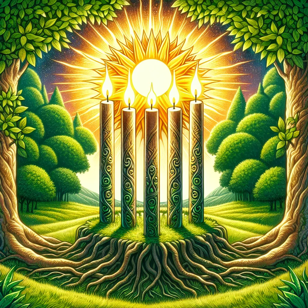 Generate an image depicting four thick and sturdy wands firmly planted into the earth. These wands are surrounded by a brilliant sun that radiates warmth and light, intensifying the vibrant colors of the lush greenery that envelops the scene. This setting symbolizes notions of stability, celebration, and harmony.