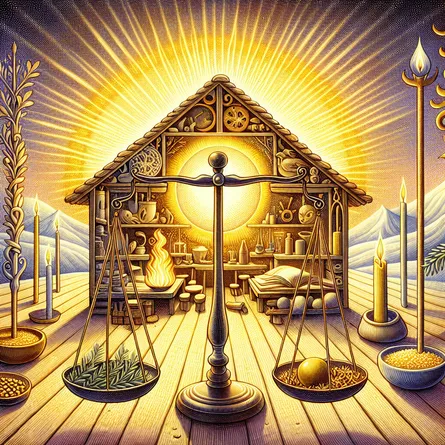 Illustrate a lively celebration occurring inside a snug home. This festive scene is further heightened by the presence of four distinct, finely crafted wands, each symbolizing a different season, located within the room. The sun emits a golden radiance that envelops the entire space, contributing to a sense of warmth and comfort. In the foreground, a perfectly balanced scale floats peacefully, serving as a powerful symbol of harmony. The overall image should evoke strong feelings of joy and accomplishment, combined with a relaxed, optimistic perspective.