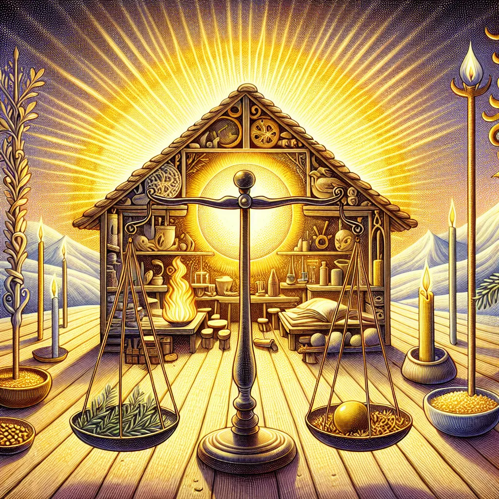 Illustrate a lively celebration occurring inside a snug home. This festive scene is further heightened by the presence of four distinct, finely crafted wands, each symbolizing a different season, located within the room. The sun emits a golden radiance that envelops the entire space, contributing to a sense of warmth and comfort. In the foreground, a perfectly balanced scale floats peacefully, serving as a powerful symbol of harmony. The overall image should evoke strong feelings of joy and accomplishment, combined with a relaxed, optimistic perspective.