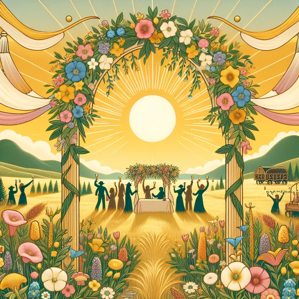 Create an enchanting scene depicting the Four of Wands from the tarot. Capture a joyful outdoor celebration under a bright, golden sky. Include two elegant wands on each side draped with colorful garlands and wildflowers, forming an arch. In the background, depict a serene landscape with rolling hills and a festively gathered community smiling and raising glasses in a toast, with a feeling of harmony and accomplishment capturing the essence of unity and celebration.