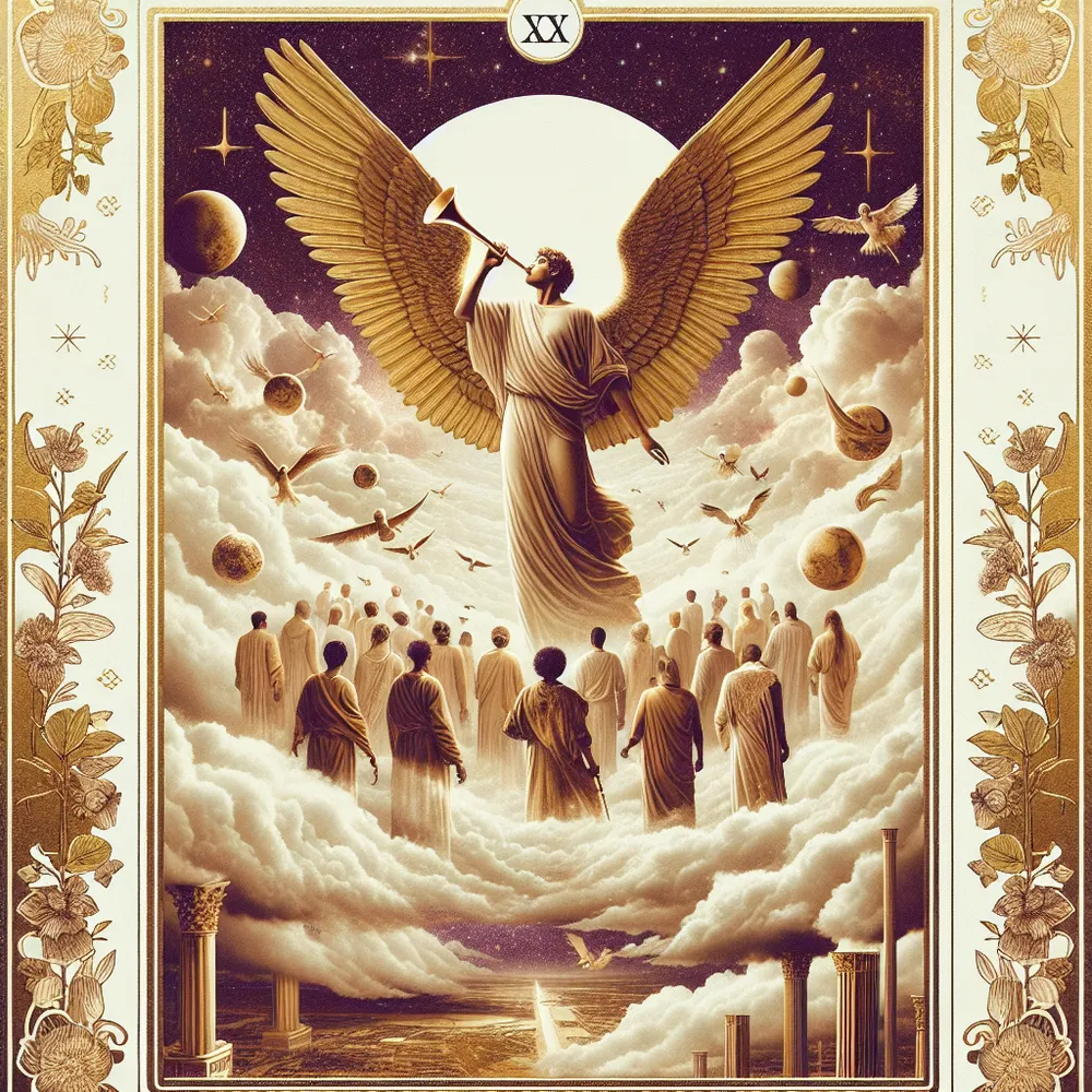 An image illustrating a Tarot scene symbolizing judgement. It features an impressive angel with gilded wings blowing a trumpet, as individuals of various descents and genders rise from the earth, symbolizing awakening and rising from the past. The color scheme promotes a sense of peace and understanding, highlighted with golden details. The environment bridges celestial clouds and terrestrial landscapes, symbolizing the link between the spiritual and physical world. The scene is overlaid with the Roman numerals 'XX' - the number of this Tarot stage. The design fuses traditional direct imagery of Tarot cards with a subtly modern touch.