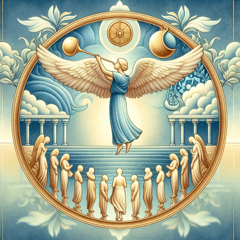 Create a calm and surrealistic representation of a classic tarot card scene. The central motif should be a nondescript angel sounding a trumpet with an audience rising beneath. Let the elements of self-reflection be symbolized through mirrors, scales, and tranquil depictions of people. Blend these components into the image for a harmonious infusion of themes. Use a peaceful and harmonious color palette, with soft blues, cool whites, and hints of gold denoting introspection and renewal.