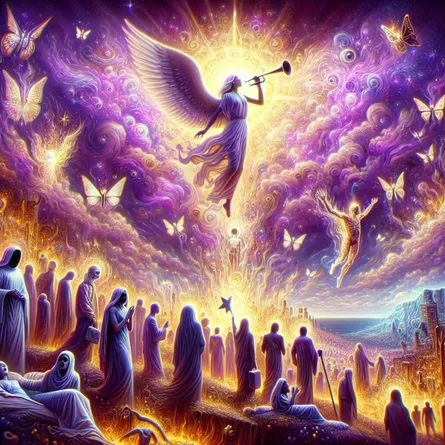 Render a vivid depiction of the Judgment tarot card. In the sky, picture a colossal angel sounding forth trumpets, igniting the heavens above. Beneath this celestial being, show a scene of humans of different genders and descents, Caucasian, Hispanic, Black, Middle-Eastern, South Asian, all rising from their graves, their forms illuminating like radiant specters, symbolic of an awakening and liberation from past afflictions. To represent the potency of change, include visual features like butterflies undergoing metamorphosis, fluttering around the human forms. Use a color palette emphasizing purples and golds to imply the start of a spiritual morning.
