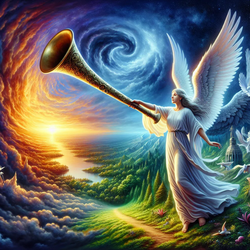 An ancient trumpet held by an angel, signaling the moment of Judgement, in a vibrant landscape that is transitioning from darkness to light, symbolizing transformation. The ancient trumpet has extraordinary detailing, representing its vast history and celestial powers. The angel, Caucasian and female, is calm yet powerful, her wings outstretched and radiant, adding to the ethereal beauty of the scene. The landscape is lush and vivid, truly representing the transition from darkness to light with contrasting shades of deep night sky slowly blending into the soft hues of morning light. The piece portrays a sense of hope, renewal, and awakening, with each element adding to the symbolism and depth.