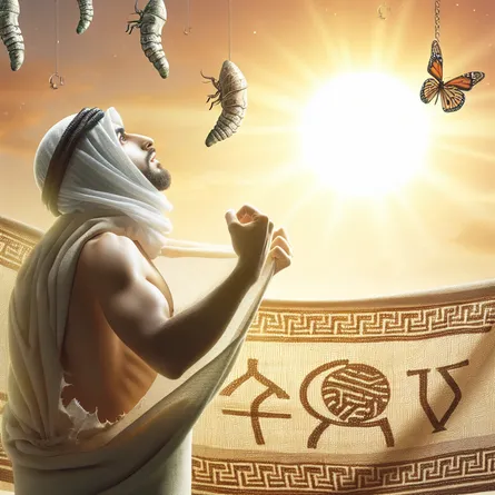 A Middle-Eastern individual breaking free from a cocoon, with the backdrop of a bright rising sun signifying rebirth and metamorphosis. Ancient Greek symbols symbolizing knowledge and transformation are scattered in the surrounding environment, further enhancing the depth of the scene.